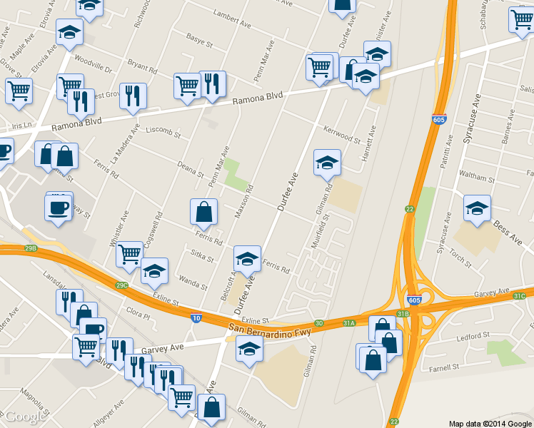map of restaurants, bars, coffee shops, grocery stores, and more near 3733 Durfee Avenue in El Monte