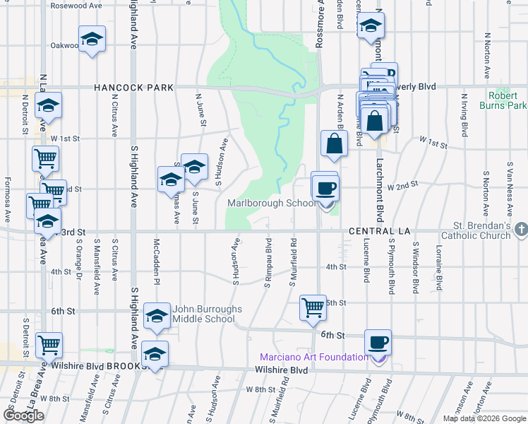 map of restaurants, bars, coffee shops, grocery stores, and more near 241 South Rimpau Boulevard in Los Angeles