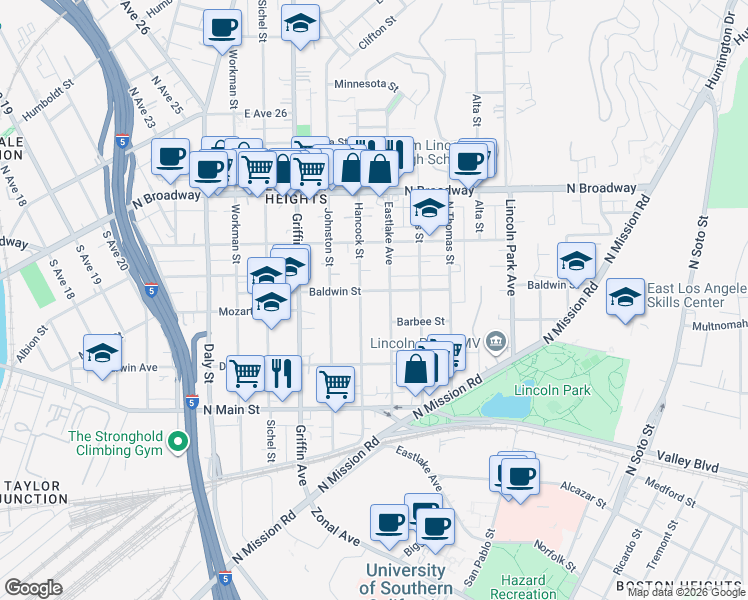 map of restaurants, bars, coffee shops, grocery stores, and more near 2114 1/2 Hancock Street in Los Angeles