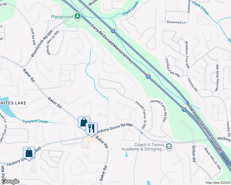 map of restaurants, bars, coffee shops, grocery stores, and more near 4639 Howell Farms Drive Northwest in Acworth