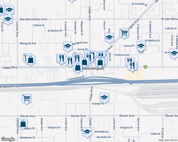 map of restaurants, bars, coffee shops, grocery stores, and more near 10134 Cedar Place in Bloomington