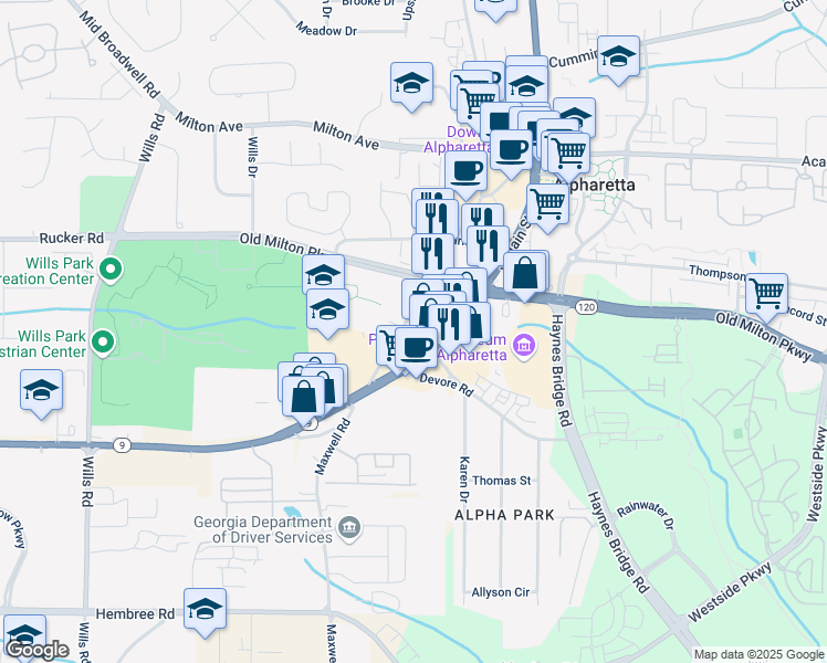 map of restaurants, bars, coffee shops, grocery stores, and more near 245 Mayfair Court in Alpharetta
