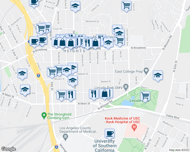 map of restaurants, bars, coffee shops, grocery stores, and more near Baldwin Street in Los Angeles