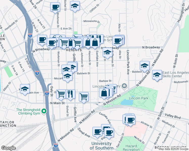 map of restaurants, bars, coffee shops, grocery stores, and more near 2114 1/2 Hancock Street in Los Angeles