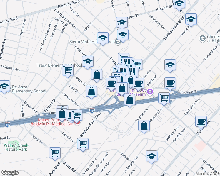 map of restaurants, bars, coffee shops, grocery stores, and more near 3004 Vía Delores in Baldwin Park