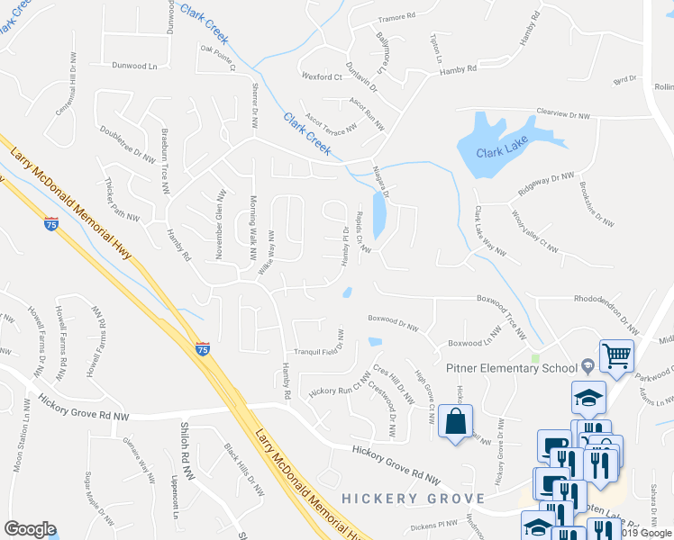 map of restaurants, bars, coffee shops, grocery stores, and more near 1923 Hamby Place Drive Northwest in Acworth