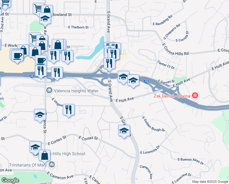 map of restaurants, bars, coffee shops, grocery stores, and more near 150 South Grand Avenue in West Covina