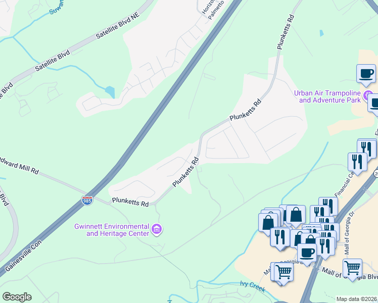 map of restaurants, bars, coffee shops, grocery stores, and more near 1466 Clarecastle Lane in Buford