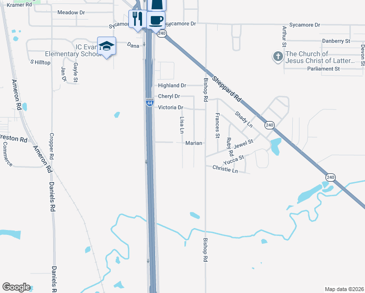 map of restaurants, bars, coffee shops, grocery stores, and more near 1203 Lisa Lane in Burkburnett