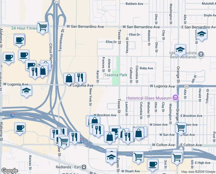 map of restaurants, bars, coffee shops, grocery stores, and more near 821 West Lugonia Avenue in Redlands