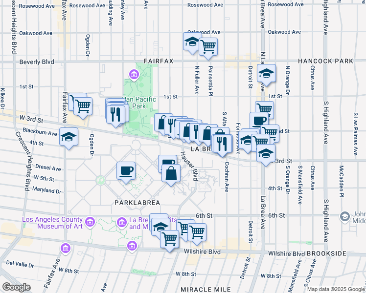 map of restaurants, bars, coffee shops, grocery stores, and more near W 3rd St & Hauser Blvd in Los Angeles