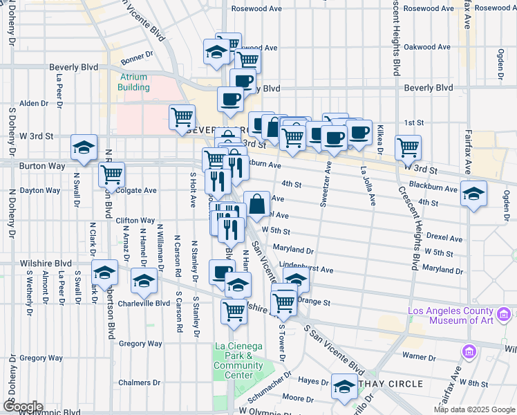 map of restaurants, bars, coffee shops, grocery stores, and more near 6721 Drexel Avenue in Los Angeles