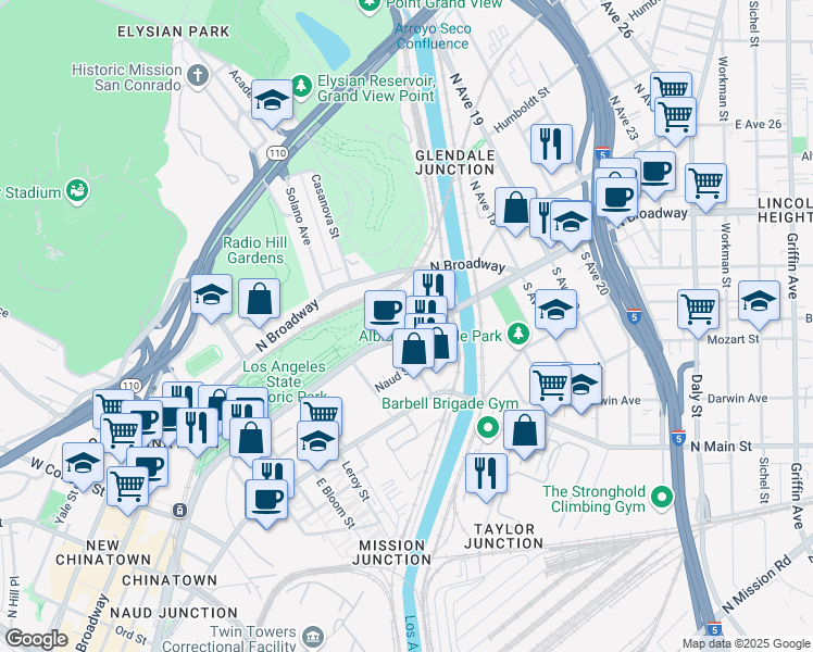map of restaurants, bars, coffee shops, grocery stores, and more near 1700-1726 N Spring St in Los Angeles