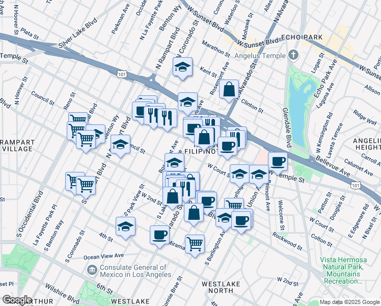 map of restaurants, bars, coffee shops, grocery stores, and more near 2201 West Court Street in Los Angeles