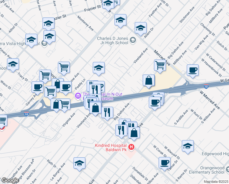 map of restaurants, bars, coffee shops, grocery stores, and more near 3000 Vineland Avenue in Baldwin Park