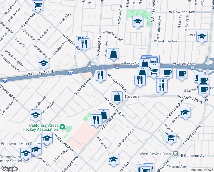 map of restaurants, bars, coffee shops, grocery stores, and more near 728 South Orange Avenue in West Covina