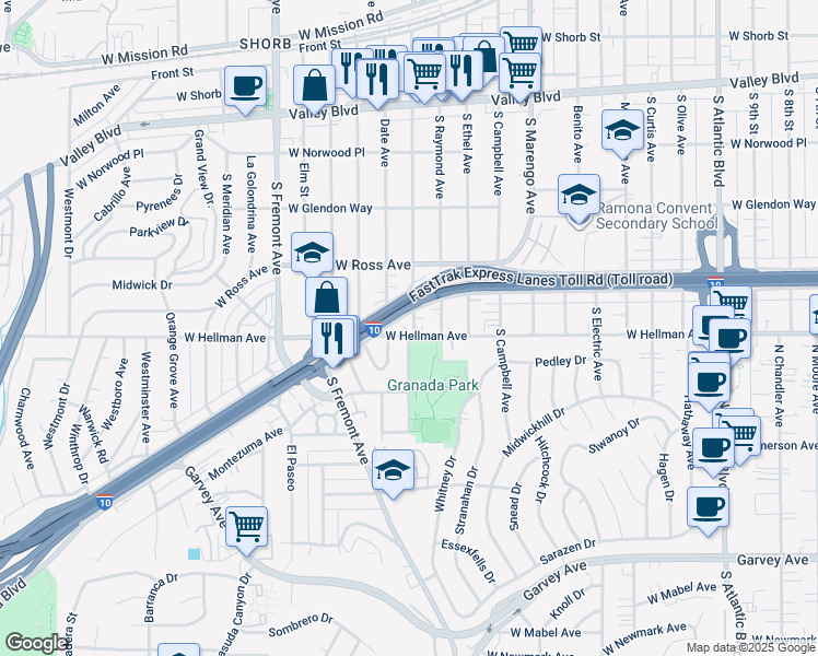 map of restaurants, bars, coffee shops, grocery stores, and more near 2013 South Palm Avenue in Alhambra