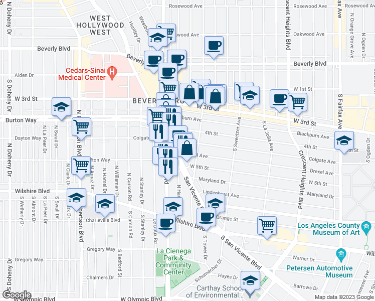 map of restaurants, bars, coffee shops, grocery stores, and more near 6721 Drexel Avenue in Los Angeles