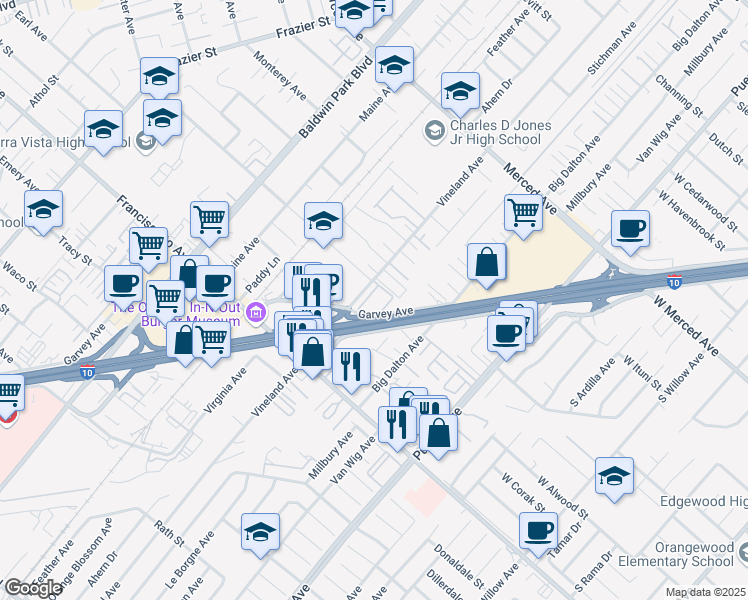 map of restaurants, bars, coffee shops, grocery stores, and more near 3050 Vineland Avenue in Baldwin Park