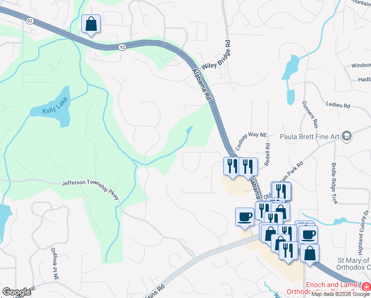 map of restaurants, bars, coffee shops, grocery stores, and more near 4126 Inola Trail Northeast in Roswell