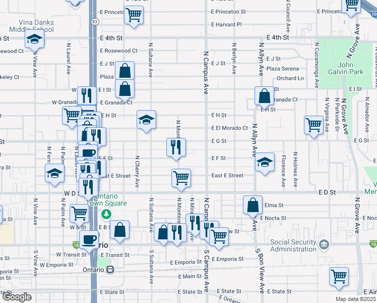 map of restaurants, bars, coffee shops, grocery stores, and more near 625 East F Street in Upland