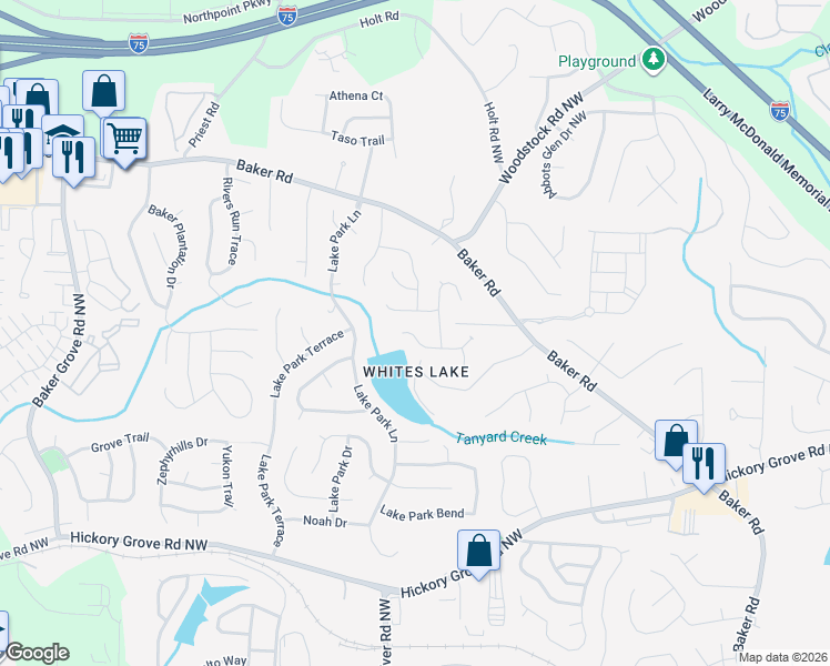 map of restaurants, bars, coffee shops, grocery stores, and more near 3023 Estuary Ridge in Acworth