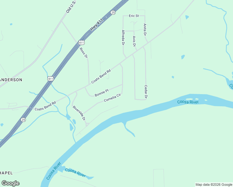 map of restaurants, bars, coffee shops, grocery stores, and more near 584 Cornelia Circle in Gadsden