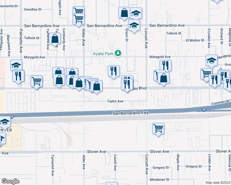 map of restaurants, bars, coffee shops, grocery stores, and more near 17903 Valley Boulevard in Bloomington
