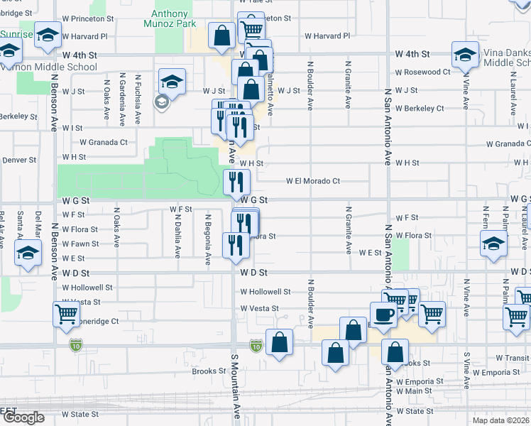 map of restaurants, bars, coffee shops, grocery stores, and more near 963 West F Street in Ontario