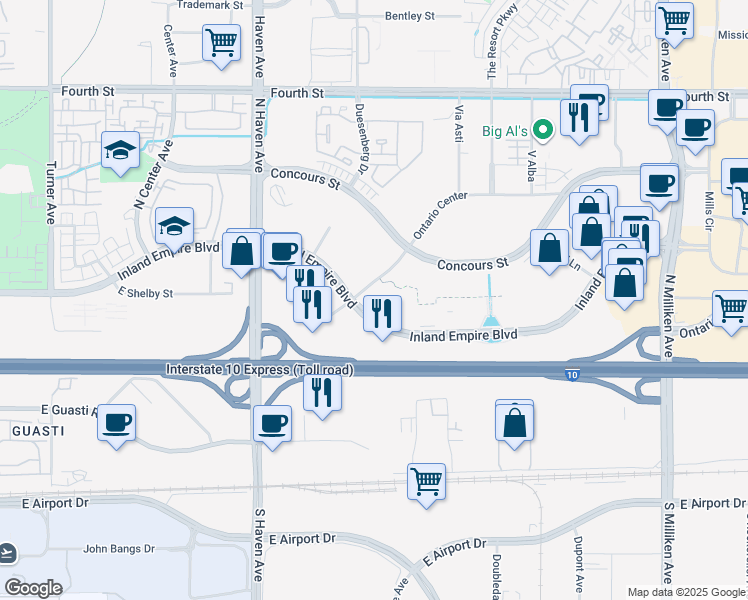 map of restaurants, bars, coffee shops, grocery stores, and more near 3633 Inland Empire Boulevard in Ontario