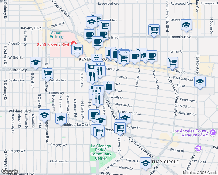 map of restaurants, bars, coffee shops, grocery stores, and more near 6702 Drexel Avenue in Los Angeles