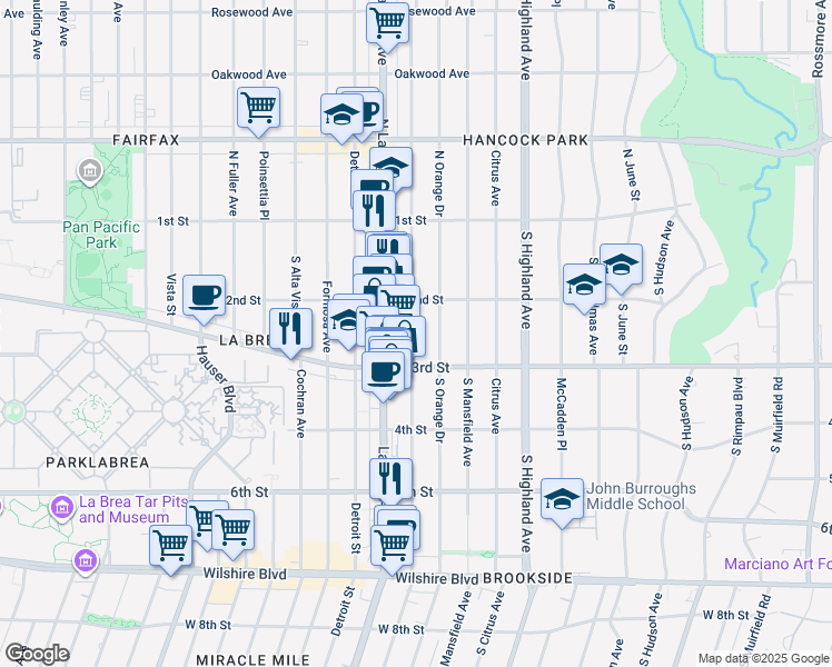 map of restaurants, bars, coffee shops, grocery stores, and more near 248 South Sycamore Avenue in Los Angeles