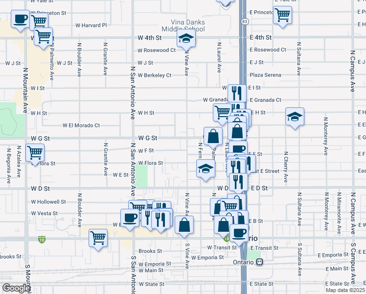 map of restaurants, bars, coffee shops, grocery stores, and more near 512 West F Street in Ontario