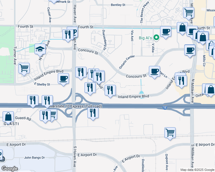 map of restaurants, bars, coffee shops, grocery stores, and more near 3633 Inland Empire Boulevard in Ontario