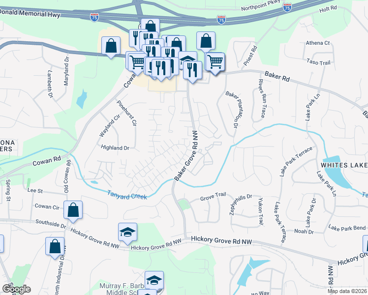 map of restaurants, bars, coffee shops, grocery stores, and more near 943 Windcroft Court Northwest in Acworth