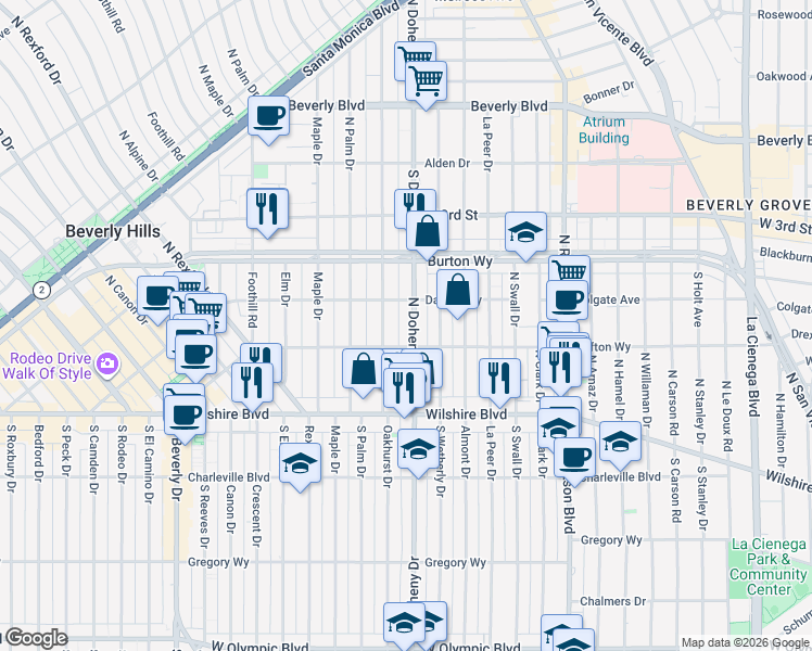 map of restaurants, bars, coffee shops, grocery stores, and more near in Beverly Hills