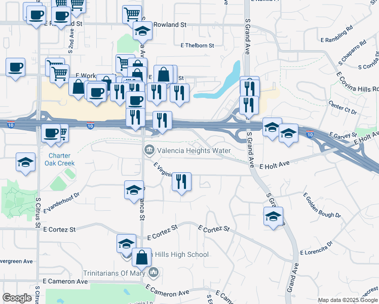 map of restaurants, bars, coffee shops, grocery stores, and more near 3228 Edgewood Road in West Covina