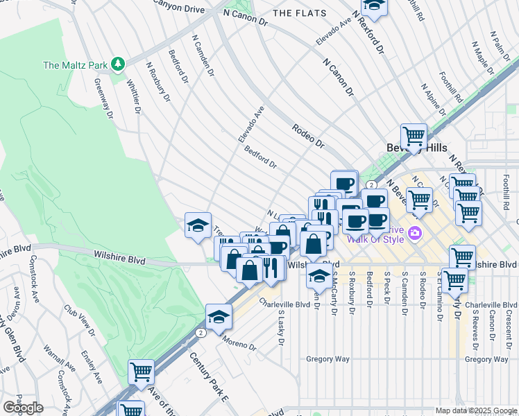 map of restaurants, bars, coffee shops, grocery stores, and more near 603 N Linden Dr in Beverly Hills