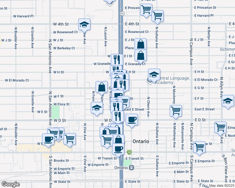 map of restaurants, bars, coffee shops, grocery stores, and more near 602 B North Euclid Avenue in Ontario