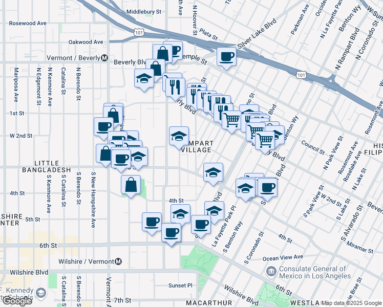 map of restaurants, bars, coffee shops, grocery stores, and more near 211 South Hoover Street in Los Angeles