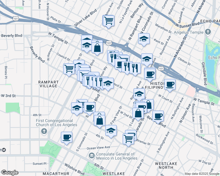 map of restaurants, bars, coffee shops, grocery stores, and more near 135/2 North Coronado Street in Los Angeles
