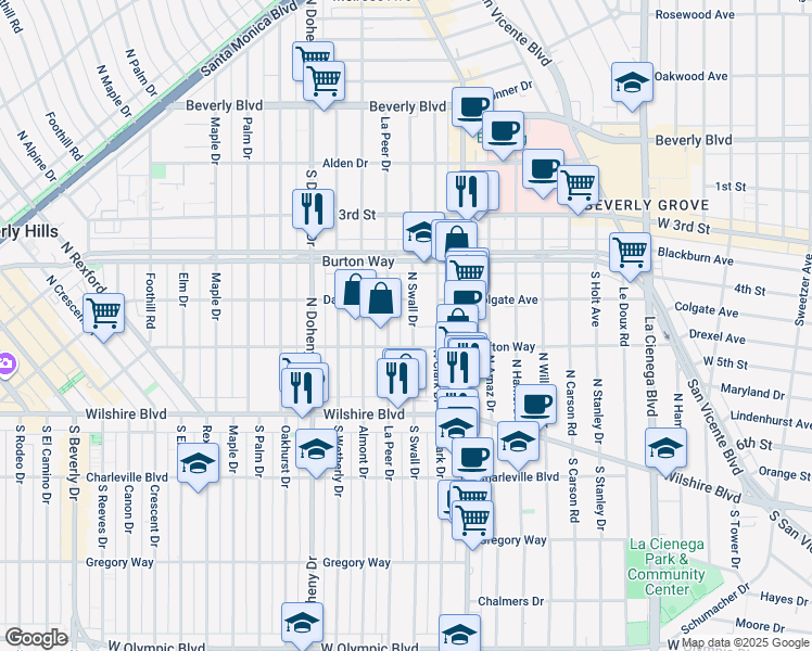 map of restaurants, bars, coffee shops, grocery stores, and more near 227 North Swall Drive in Beverly Hills