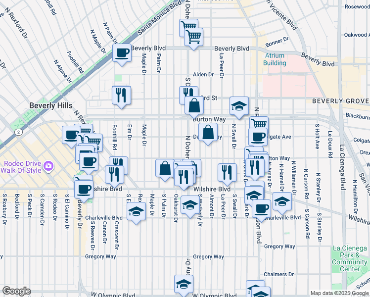 map of restaurants, bars, coffee shops, grocery stores, and more near in Beverly Hills