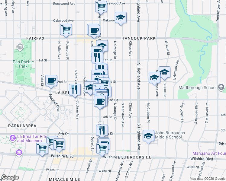 map of restaurants, bars, coffee shops, grocery stores, and more near 235 South Orange Drive in Los Angeles
