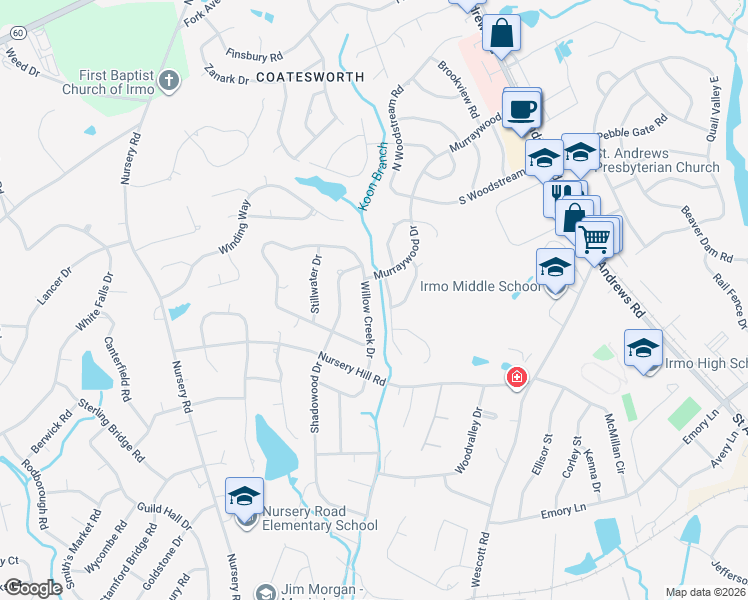 map of restaurants, bars, coffee shops, grocery stores, and more near 1723 Willow Creek Drive in Columbia