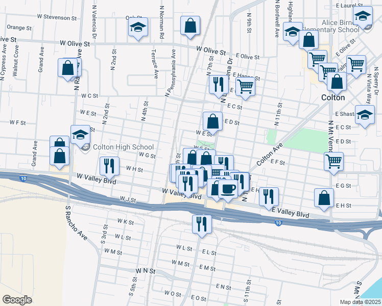 map of restaurants, bars, coffee shops, grocery stores, and more near 405 North 7th Street in Colton