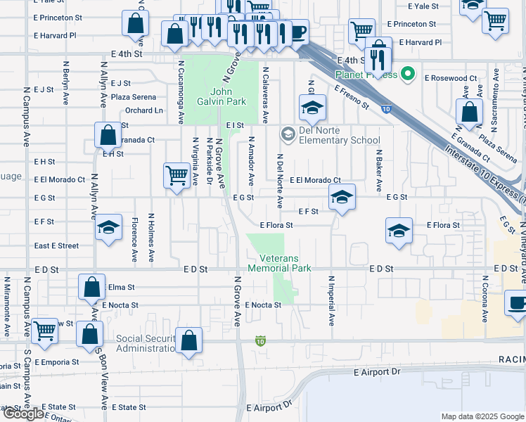 map of restaurants, bars, coffee shops, grocery stores, and more near 609 North Calaveras Avenue in Ontario