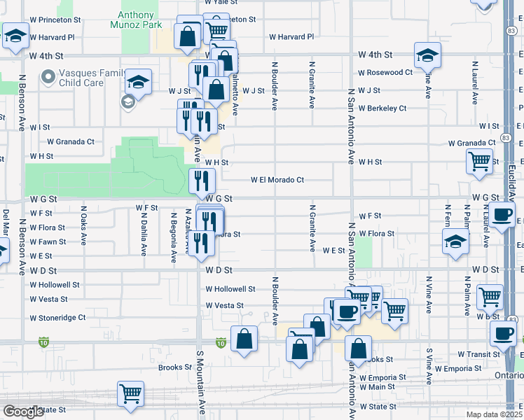 map of restaurants, bars, coffee shops, grocery stores, and more near 917 West F Street in Ontario