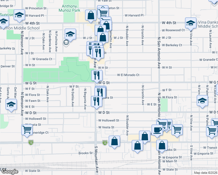 map of restaurants, bars, coffee shops, grocery stores, and more near 963 West F Street in Ontario