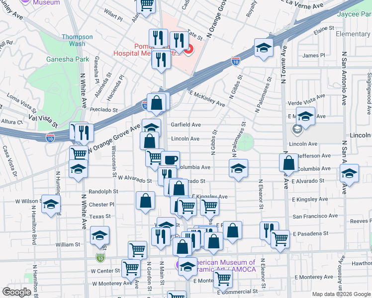 map of restaurants, bars, coffee shops, grocery stores, and more near 204 East Jefferson Avenue in Pomona